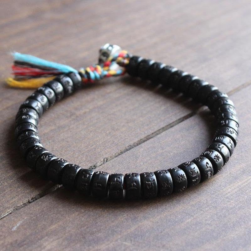 Buddha & Karma Coconut Shell Beads Om Mani Padme Hum Bracelet – Handmade Buddhist Bracelet for Protection, Spiritual Energy, and Inner Peace – Adjustable Meditation Wristband for Men & Women