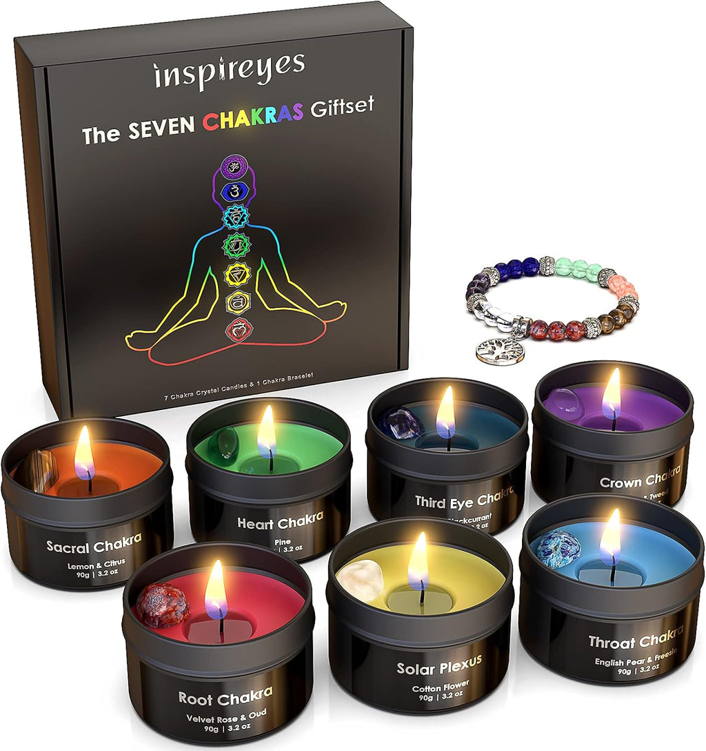 Chakra Candles with Healing Crystals for Meditation, Soy Wax