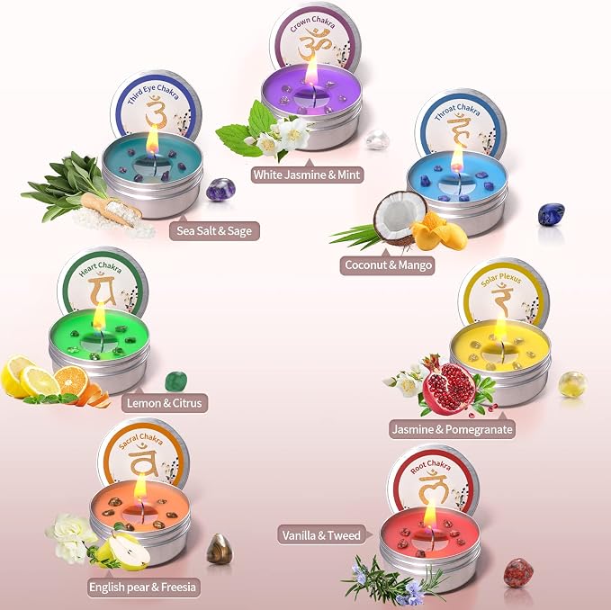 Chakra Candles with Healing Crystals for Meditation, Soy Wax