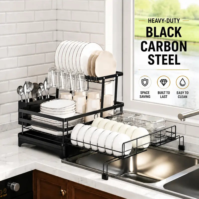 Foldable Over Sink Dish Drying Rack, Expandable Kitchen Counter Organizer with Heavy Duty Carbon Steel Frame, Space Saving Dish Rack for Plates, Bowls & Utensils