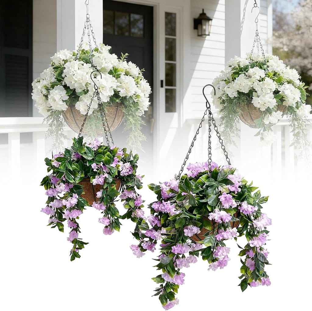 Faux Crepe Myrtle Hanging Baskets, UV Resistant Fake Hanging Plants with Basket, Realistic Artificial Hanging Flowers for Outdoors Outside Patio Garden Porch Balcony Yard Decor (2pcs Pink)