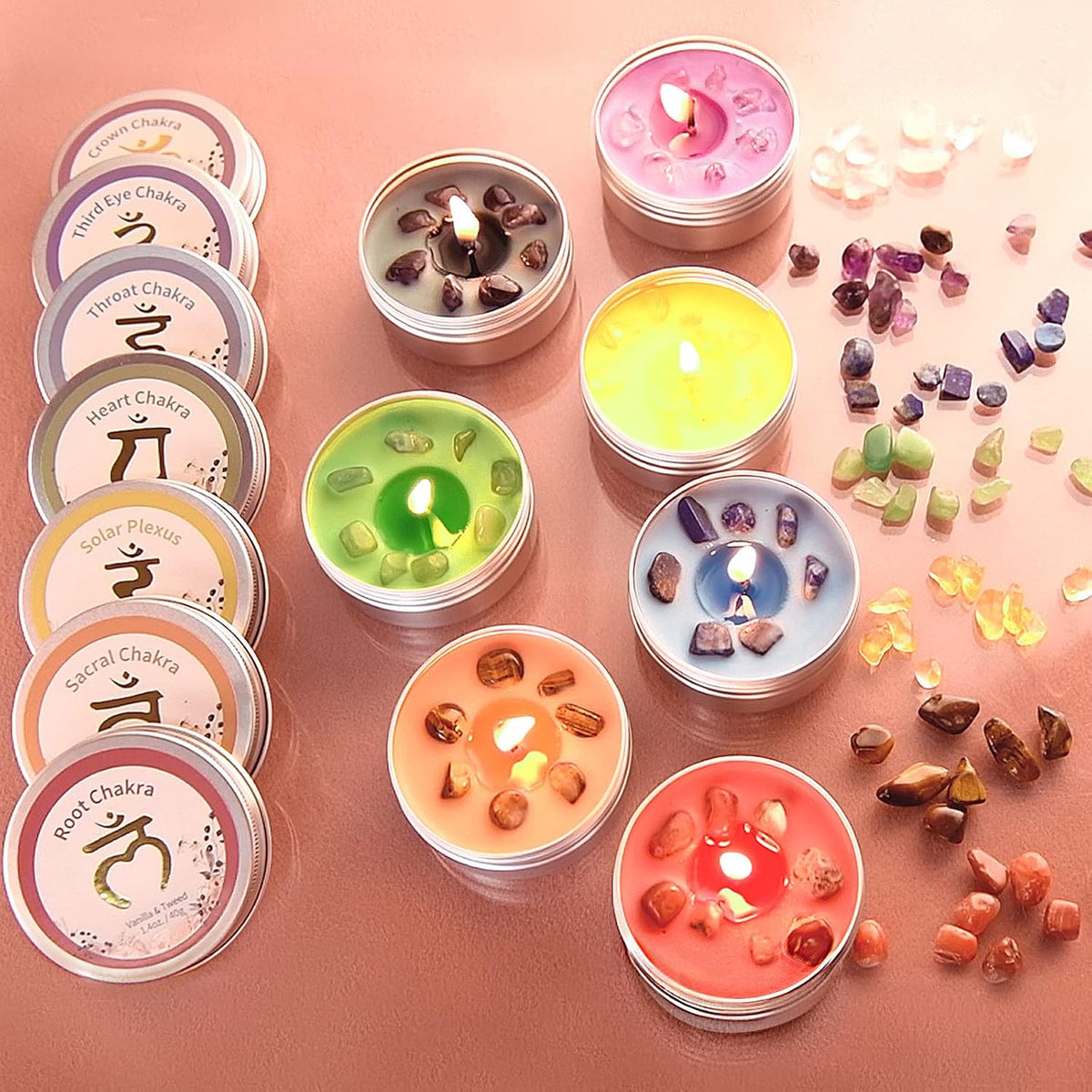 Chakra Candles with Healing Crystals for Meditation, Soy Wax
