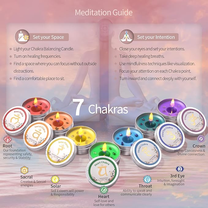 Chakra Candles with Healing Crystals for Meditation, Soy Wax