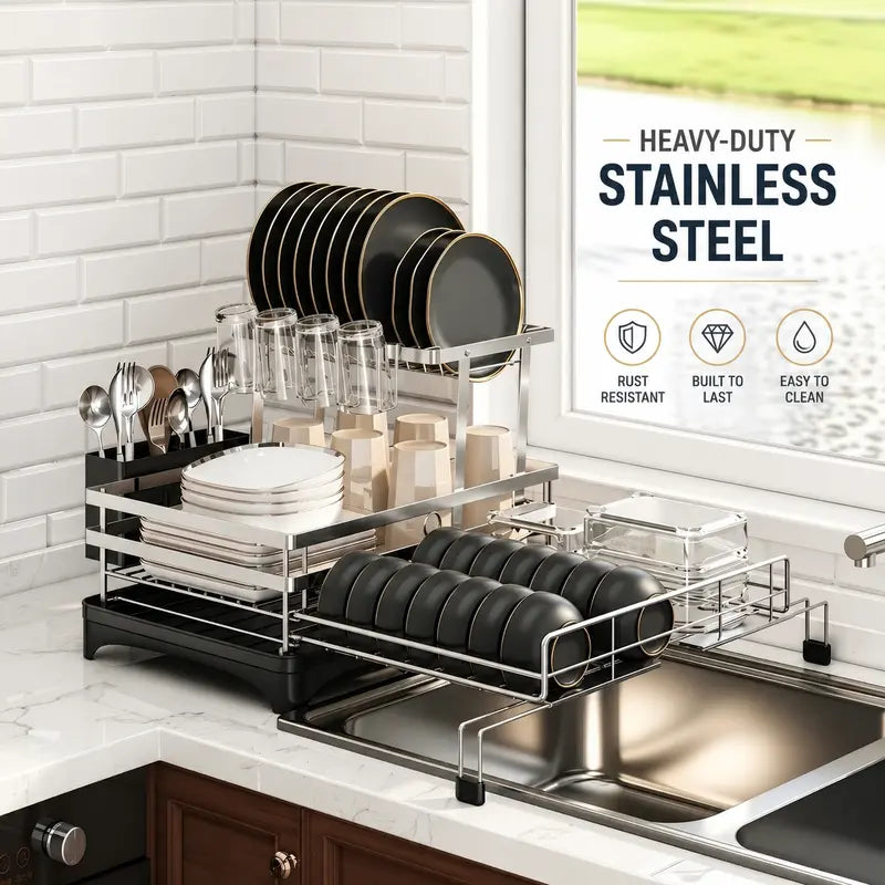 Foldable Over Sink Dish Drying Rack, Expandable Kitchen Counter Organizer with Heavy Duty Carbon Steel Frame, Space Saving Dish Rack for Plates, Bowls & Utensils