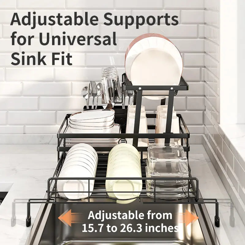 Foldable Over Sink Dish Drying Rack, Expandable Kitchen Counter Organizer with Heavy Duty Carbon Steel Frame, Space Saving Dish Rack for Plates, Bowls & Utensils