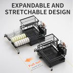 Foldable Over Sink Dish Drying Rack, Expandable Kitchen Counter Organizer with Heavy Duty Carbon Steel Frame, Space Saving Dish Rack for Plates, Bowls & Utensils