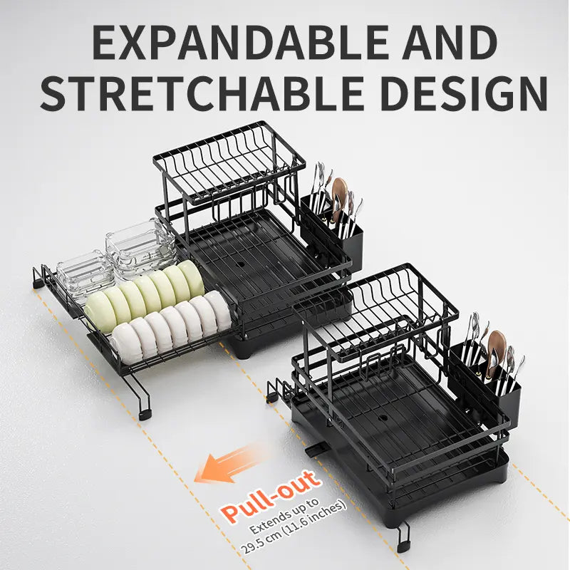 Foldable Over Sink Dish Drying Rack, Expandable Kitchen Counter Organizer with Heavy Duty Carbon Steel Frame, Space Saving Dish Rack for Plates, Bowls & Utensils