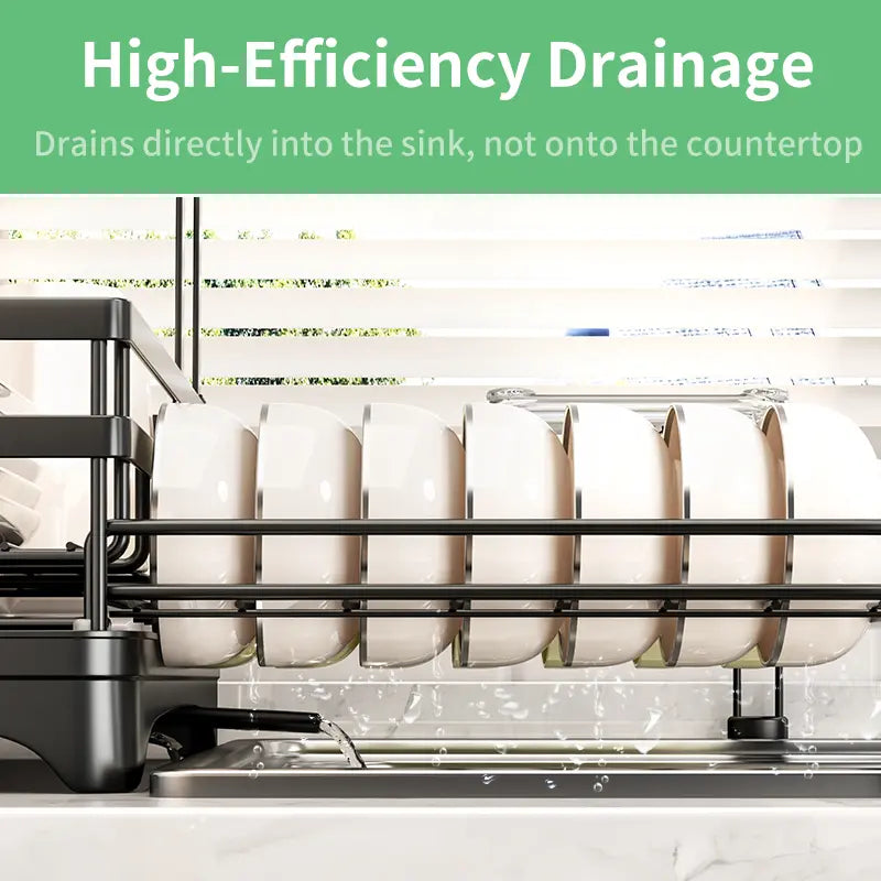 Foldable Over Sink Dish Drying Rack, Expandable Kitchen Counter Organizer with Heavy Duty Carbon Steel Frame, Space Saving Dish Rack for Plates, Bowls & Utensils