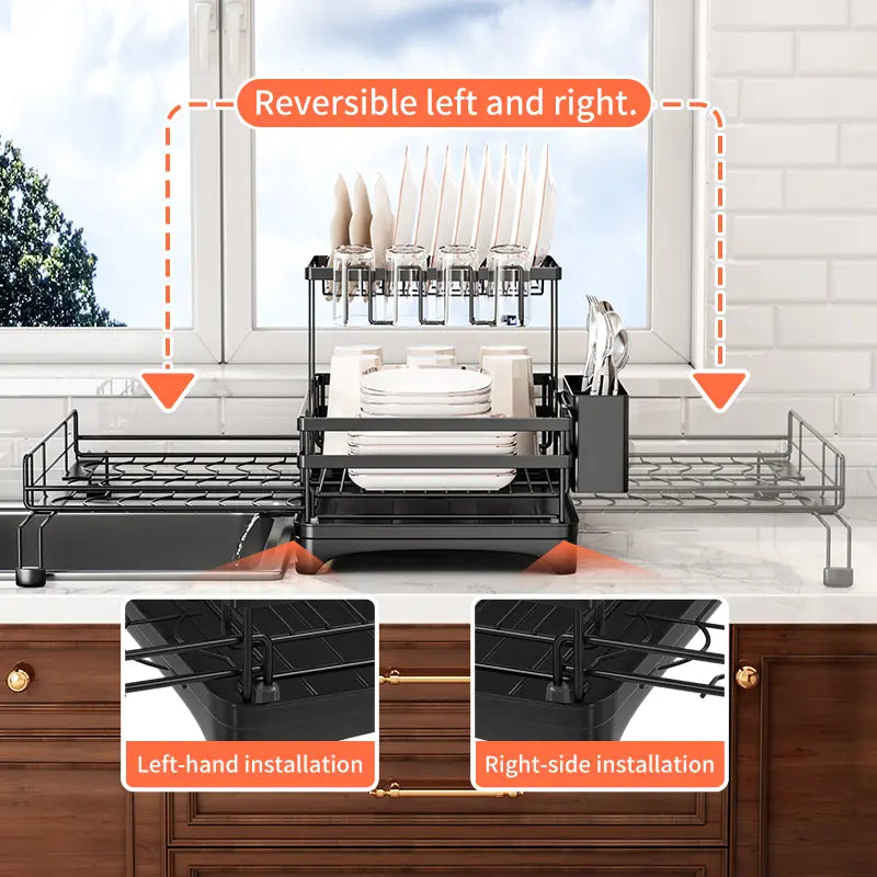 Foldable Over Sink Dish Drying Rack, Expandable Kitchen Counter Organizer with Heavy Duty Carbon Steel Frame, Space Saving Dish Rack for Plates, Bowls & Utensils